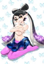 1girls breasts callie_(splatoon) cleavage clothes_pull collar covering covering_breasts kneeling koharuno2 long_hair looking_at_viewer navel no_bra panties panties_under_pantyhose pantyhose pink_pantyhose pointy_ears solo solo_female solo_focus splatoon splatoon_(series) tentacle tentacle_hair underwear