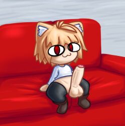 1futa 1girl balls big_penis blonde_hair bottomless cat_ears catgirl clothed clothing cute erection futa_only futanari human light-skinned_futanari light_skin looking_at_viewer meowny neco-arc neko partially_clothed penis short_stack shortstack sitting small_but_hung sofa solo thighhighs white_shirt