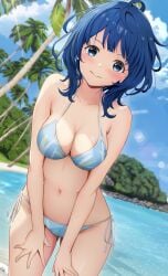 ahoge ass_visible_through_thighs bare_arms bare_belly bare_legs bare_shoulders bare_thighs beach belly_button big_breasts bikini blue_bikini blue_eyes blue_hair blush breasts cleavage closed_mouth collarbone gibun_(sozoshu) hands_on_thighs make_heroine_ga_oo_sugiru! medium_hair ocean outdoors side-tie_bikini_bottom standing string_bikini thighs water yanami_anna