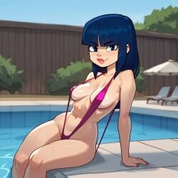 ai_generated breasts dark_blue_eyes dark_blue_hair dark_hair debbie_kang female lipstick long_hair looking_at_viewer navel pool poolside randy_cunningham:_9th_grade_ninja sitting slingshot_bikini slingshot_swimsuit stable_diffusion