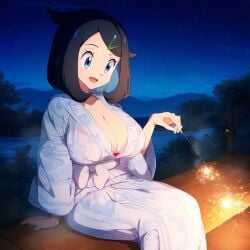 :d ai_generated bangs black_hair blue_eyes blush bra bra_visible_through_clothes breasts clavicle cleavage clothing eyelashes female female fireworks hair_ornament hairclip holding huge_breasts kimono large_breasts liko_(pokemon) looking_at_viewer medium_hair night night_sky open_mouth outdoors pink_bra pokemon pokemon_character red_bra robe short_hair sitting sky smile solo sparkler star_(sky) starry_sky tongue traditional_clothes underwear wafuku white_kimono yukata