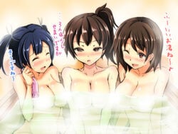 3girls blush breasts brown_eyes brown_hair gin'ichi_(akacia) hiryuu_(kantai_collection) kaga_(kantai_collection) kantai_collection large_breasts long_hair multiple_girls nude open_mouth partially_submerged personification short_hair side_ponytail smile souryuu_(kantai_collection) text tied_hair translated twintails