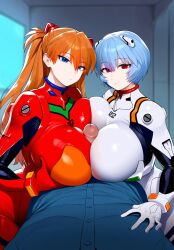 1boy 2girls ai_generated asuka_langley_sohryu bare_legs big_ass big_butt big_penis blue_eyes blue_hair bodysuit breasts double_paizuri fat_ass female gigantic_breasts huge_breasts huge_cock huge_thighs human interface_headset light-skinned_female light_skin long_hair looking_at_viewer massive_breasts muscular_male neon_genesis_evangelion orange_hair paizuri paizuri_under_clothes pale-skinned_female pale_skin penis pequod pilot_suit plugsuit red_eyes rei_ayanami short_hair thick_body thick_female thick_thighs thighs twintails voluptuous voluptuous_female