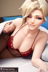 ai_generated angela_ziegler bed bed_sheet bedroom bedroom_eyes bedroom_setting blonde_hair blue_eyes bra female g-string inviting inviting_to_sex inviting_under_covers large_breasts lingerie makeup mercy omega-weirdo overwatch overwatch_2 patreon red_lingerie smile wink