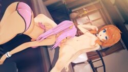 2girls 3d ass bra brown_hair_female cunnilingus danganronpa danganronpa_another fanganronpa inori_kanata koikatsu nude nude_female panties pink_hair pink_hair_female pussy_licking sitting tomori_kizuna twintails yuri