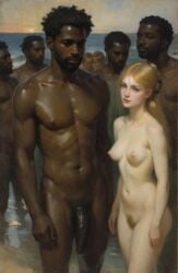 1girls 5boys ai_generated big_penis blonde_hair dark-skinned_male dark_skin female interracial large_penis looking_at_viewer male medium_breasts multiple_boys nude pale-skinned_female pale_skin taprincesserose