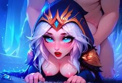 1boy 1girls ai_generated ashe_(league_of_legends) blue_eyes clothed_sex doggy_style eye_contact faceless_male facing_viewer glowing_eyes highres league_of_legends procrastrinatingprojects sex