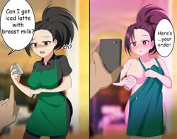 apron apron_only barista big_breasts black_hair breasts busty clothing comic electronics fast_food female female_focus forced_exposure hourglass_figure hypno-screen hypnosis iced_latte_with_breast_milk lactating lactation long_hair maozi_dan meme mind_control momo_yaoyorozu my_hero_academia outerwear phone speech_bubble standing tagme text undressed undressing uniform waitress waitress_uniform wide_hips