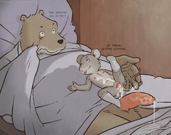 after_sex age_difference anthro bear celestine chubby cub cum cum_in_ass cum_in_pussy cum_inside cum_on_body ernest ernest_and_celestine fuchur fur furry interspecies larger_male mouse older_male rodent size_difference smaller_female text translated ursid young younger_female