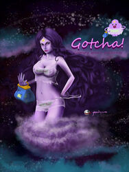 adventure_time breasts female forehead_mark ghostcero hand_on_hip highres humanized lipstick long_hair looking_at_viewer lumpy_space_princess makeup nipples parted_lips plastic_bag purple_eyes purple_hair purple_skin purse see-through solo space standing