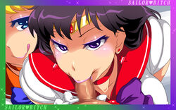 2girls :&gt;= bishoujo_senshi_sailor_moon blonde_hair blue_eyes blush breasts censored clothing earrings fellatio female free_style highres human large_breasts long_hair looking_at_viewer makeup male minako_aino multiple_females naughty_face oral penis purple_eyes purple_hair rei_hino sailor_mars sailor_venus smile straight tongue tongue_out