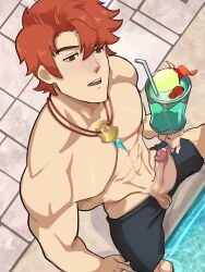 1boy about_to_cum abs alternate_costume attractive beefy big_penis brown_eyes cock_out_of_pants cock_out_of_shorts dick_out_of_pants dick_out_of_shorts drink drinking_glass fire_emblem fire_emblem:_three_houses fire_emblem_heroes hard_cock hunk kaito_draws large_penis lidded_eyes male male_only muscular muscular_male necklace nintendo official_alternate_costume orange_hair pool poolside precum precum_on_penis sitting sitting_on_floor solo swimsuit sylvain_jose_gautier sylvain_jose_gautier_(summer)