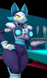 android anthro areola big_breasts blush breasts champagne_glass clothed clothing container cup darkner deltarune drinking_glass felid feline female furry_ghosty genitals glass glass_container glass_cup hi_res machine mammal nipples pussy robot solo tasque_manager thick_thighs torn_clothing undertale_(series) yellow_eyes