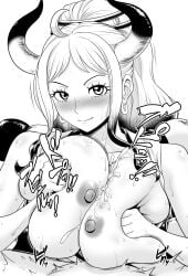 big_breasts blush breasts_bigger_than_head cum cum_between_breasts cum_on_breasts dada_(xhmv8527) ejaculation ejaculation_between_breasts engulfing_paizuri female horns large_breasts male motion_lines one_piece paizuri yamato_(one_piece)