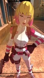 1girls 3d belt clothing female firearm footwear gwen_poole gwenpool handgun handwear human looking_at_viewer marvel marvel_comics nobodyrly_(artist) pale_skin pov sfm tagme weapon