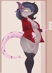 american_opossum anthro asue belly big_belly bottomless clothed clothing female flannel_shirt hi_res looking_at_viewer mammal marsupial notde_(character) pregnant pregnant_anthro pregnant_female smile solo virginia_opossum