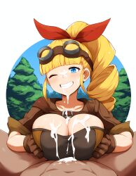 ai_generated another_eden big_breasts blonde_hair blue_eyes cum cum_on_breasts cum_on_face drill_ponytail goggles_on_head leather_clothing may_(another_eden) nai_diffusion outdoors paizuri paizuri_under_clothes pov