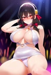 ai_generated bare_legs black_hair braided_hair hair_ornament hair_ribbon huge_breasts huge_thighs kono_subarashii_sekai_ni_shukufuku_wo! light-skinned_female light_skin looking_at_viewer pequod red_eyes seductive_eyes seductive_look seductive_smile smiling solo_female squatting sweat sweatdrop thick_body thick_female thick_thighs thighs voluptuous voluptuous_female yunyun_(konosuba)