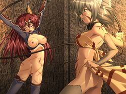 2girls bondage breasts clothing femdom femsub fonfon game_cg ikazuchi_no_senshi_raidy long_hair multiple_girls nude pussy raidy uncensored whip whip_marks whipping yuri