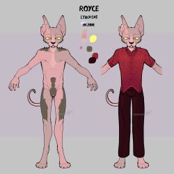 anthro cigarette clitoris clothing domestic_cat enlarged_clitoris felid feline felis genitals hairless hairless_cat hi_res humanoid irradiatedpiratebooty lykoi male mammal model_sheet nude smoking smoking_cigarette solo sphynx_(cat) standing trans_(lore) trans_man_(lore)