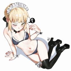 ? abdomen artoria_pendragon artoria_pendragon_(alter) artoria_pendragon_(fate) back belly belly_button bikini blonde_female blonde_hair blush fate/grand_order fate/stay_night fate/zero fate_(series) female female_only maid maid_bikini maid_headdress navel one_eye_closed petite petite_body petite_breasts petite_female saber skinny skinny_girl small_breasts smaller_female thighhighs waligner