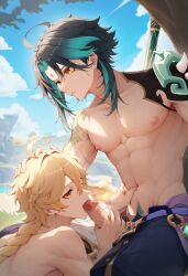 2boys aether_(genshin_impact) ai_generated blowjob genshin_impact male male_only penis sucking sucking_penis tagme xiao_(genshin_impact) yaoi