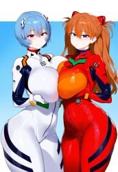 2girls ai_generated asuka_langley_sohryu bare_legs blue_eyes blue_hair bodysuit breasts breasts_squeezed_together curvy female gainax gigantic_breasts huge_breasts huge_thighs human interface_headset light-skinned_female light_skin long_hair looking_at_viewer massive_breasts neon_genesis_evangelion orange_hair pale-skinned_female pale_skin pequod pilot_suit plugsuit red_eyes rei_ayanami short_hair smiling thick_body thick_female thick_thighs thighs twintails voluptuous voluptuous_female wide_hips