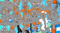 absurd_res anthro balls breasts buckteeth chinchilla chinchillid collage_(artwork) fur genitals glans grey_body grey_fur gusta gusty_(gusta) gynomorph hair herm_(lore) hi_res intersex mammal multiple_images multiple_poses nipples nude orange_eyes orange_glans orange_nipples orange_stripes penis pose rodent solo stripes teeth