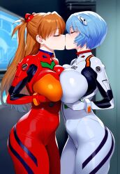 2girls ai_generated asuka_langley_sohryu bare_legs big_ass big_butt blue_hair bodysuit breasts breasts_squeezed_together closed_eyes fat_ass female gigantic_breasts huge_breasts huge_thighs human interface_headset kissing light-skinned_female light_skin long_hair massive_breasts neon_genesis_evangelion orange_hair pale-skinned_female pale_skin pequod pilot_suit plugsuit rei_ayanami short_hair thick_body thick_female thick_thighs thighs twintails voluptuous voluptuous_female yuri