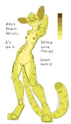 anthro big_ears breasts brown_eyes brown_nipples candy dessert felid feline female food fruit honey_(food) larger_female lemon mammal nipples nude nude_anthro nude_female plant reakuthecrate serval size_difference skinny small_breasts solo yellow_body zest_(reakuthecrate)