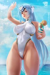 1girls beach blue_hair breasts clouds cup drink forehead_protector headgear highleg highleg_one-piece_swimsuit highleg_swimsuit holding_cup holding_drink kos-mos large_breasts long_hair looking_at_viewer nintendo ocean one-piece_swimsuit outside painted_fingernails prywinko red_eyes sky swimsuit water white_one-piece_swimsuit white_swimsuit xenoblade_(series) xenoblade_chronicles_2 xenosaga