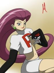 braless bralette jessie_(pokemon) pink_hair pokemon simple_background