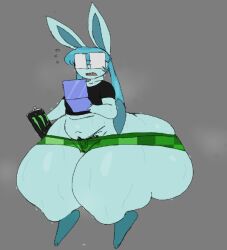 anthro belly black_shirt femboy glaceon glasses green_shorts heavensthroat huge_ass male nerd nerdy pokemon sweat tight_clothes tight_clothing