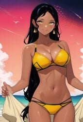 ai_generated beach beach_towel bikini black_hair cleavage dark-skinned_female indian indian_female lowres mato_seihei_no_slave prachi_sherawat tagme