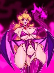 1girl big_breasts blonde_hair breasts clothing female female_only huge_breasts mario_(series) princess_peach succubus theartofmathew wings