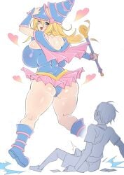 1boy aba_rano ass ass blonde_hair blush clothing dark_magician_girl duel_monster erect_penis floating green_eyes happy huge_breasts looking_back looking_up magician_hat one_closed_eyes rear_view short_skirt smile summoning surprised yu-gi-oh!