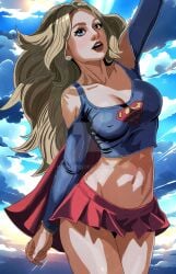 blonde_hair blue_eyes blue_sky breasts cape cleavage clothing cloud cloudy_sky crop_top day dc dc_comics earrings female female_only jewelry kara_zor-el large_breasts lips long_hair looking_at_viewer makeup maxmax123 medium_breasts midriff miniskirt navel ocean open_mouth outdoors pleated_skirt red_cape red_skirt shirt skirt sky solo standing supergirl superman_(series) thighs water