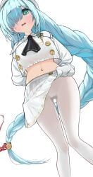 absurdres aqua_eyes arms_behind_back ascot azur_lane black_ascot blue_hair blush buttons cameltoe crop_top female from_below hair_over_one_eye highres hurria janus_(azur_lane) janus_(fear_of_changing...clothes)_(azur_lane) long_braid long_hair looking_at_viewer midriff navel official_alternate_costume panties pantyhose pleated_skirt pussy_juice pussy_juice_drip_through_clothes pussy_juice_trail school_uniform shirt simple_background skirt solo stomach sweatdrop underwear very_long_hair white_background white_panties white_pantyhose white_shirt