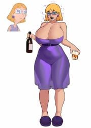 2024 alcohol alcoholic_drink big_breasts blonde_hair blue_eyes blush breasts cleavage drunk drunk_bubble earrings female female_focus female_only glasses hey_arnold! jakuson_z miriam_pataki nickelodeon purple_dress purple_lips purple_lipstick see-through_clothing short_hair slippers thick_thighs thighs white_background wide_hips