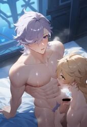 2boys aether_(genshin_impact) ai_generated androgynous bishonen blonde_hair erect_penis gay genshin_impact handjob lyney_(genshin_impact) male male/male muscular muscular_male nude nude_male pubic_hair sweat tagme yaoi