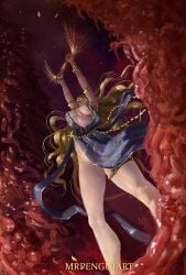 1girls arms_up big_ass big_breasts blonde_hair canonical_scene cleavage deity elden_ring female female_only fromsoftware gate_of_divinity goddess milf mrpengui queen_marika_the_eternal shadow_of_the_erdtree thick_thighs upskirt