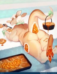 anthro ass big_breasts breasts casual_nudity dessert female food food_play fruit fur furry furry_only hi_res kangaroo looking_back lying mammal marsupial mature_female nude on_front overweight pastry peach_(fruit) peach_cobbler prehensile_tail pussy smile solo spottyjaguar tail thick_thighs