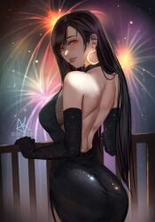 1girls ai_generated arialla_draws ass backless_dress black_dress black_hair earrings elbow_gloves female final_fantasy final_fantasy_vii final_fantasy_vii_remake long_hair looking_back red_eyes sideboob smile solo tifa_lockhart tight_clothes tight_dress