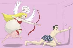 anonymous_male blonde_hair cupid's_arrow dawn_(pyxxyl) garter_belt large_breasts pyxxyl valentine's_day vore vore_belly wings