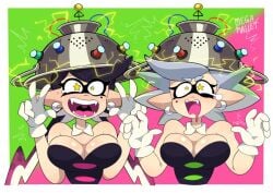 2girls antenna black_hair breasts callie_(splatoon) cleavage double_v drool earrings electricity female_focus female_only femsub gloves grey_hair leotard long_hair marie_(splatoon) megamallet mole multiple_girls multiple_subs nintendo open_mouth pain sharp_teeth short_hair signature simple_background smile splatoon splatoon_(series) squid_sisters symbol_in_eyes tagme tears tech_control v