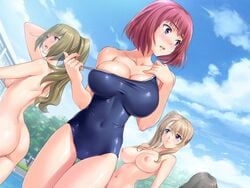 4girls areolae ass black_hair blonde_hair blush breasts clouds game_cg green_hair highres huge_breasts large_breasts legs long_hair looking_away looking_back mochizuki_nozomu multiple_girls navel nipples nude ole-m pink_hair ponytail purple_eyes saimin_class short_hair sky smile standing swimsuit thighs tied_hair undressing