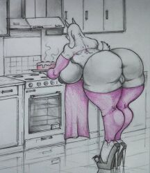 anthro apron areola ass big_breasts big_butt boss_monster_(undertale) bovid boysa_228 breasts cake caprine clothing dessert female food footwear genitals goat high_heels horn huge_breasts huge_butt legwear mammal nipples pussy shoes solo thigh_highs toriel undertale_(series)