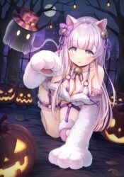 1ghost 1girls bbb3y1 bell big_breasts bra breasts cat_bell cat_ears catgirl cleavage crawling d4dj eyebrows_visible_through_hair ghost gloves graveyard halloween huge_breasts izumo_saki jack-o'-lantern light-skinned_female light_skin long_hair outdoors paw_gloves straps