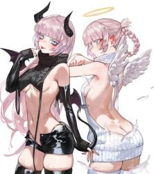 2girls ass black_nails blue_eyes blunt_bangs blush call_of_the_night demon_horns demon_tail detached_sleeves female foolish_potato horns nail_polish nanakusa_nazuna painted_nails pink_hair short_shorts shorts sideboob skindentation stockings sweater tagme thighhighs thighs tight_clothing tights underboob virgin_killer_sweater white_background yofukashi_no_uta