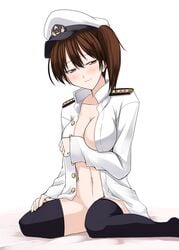 black_legwear blush bottomless breasts brown_eyes brown_hair cleavage collarbone female female_admiral_(kantai_collection) half-closed_eyes iwanori kadokawa_games kaga_(kantai_collection) kantai_collection large_breasts looking_at_viewer midriff naked_shirt navel open_clothes open_jacket open_shirt side_ponytail simple_background sitting solo thighhighs wariza white_background